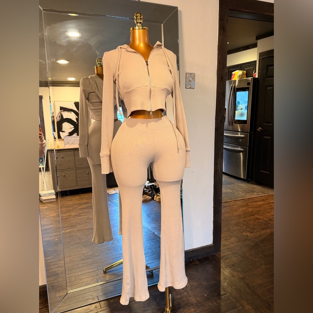 SHEIN Beige Ribbed High-Waist Flared Knit Pants